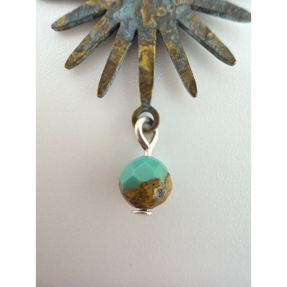 NEW Artisan Handcrafted Turquoise Sunburst Patina Metal Dangle Earrings - Picture 6 of 8